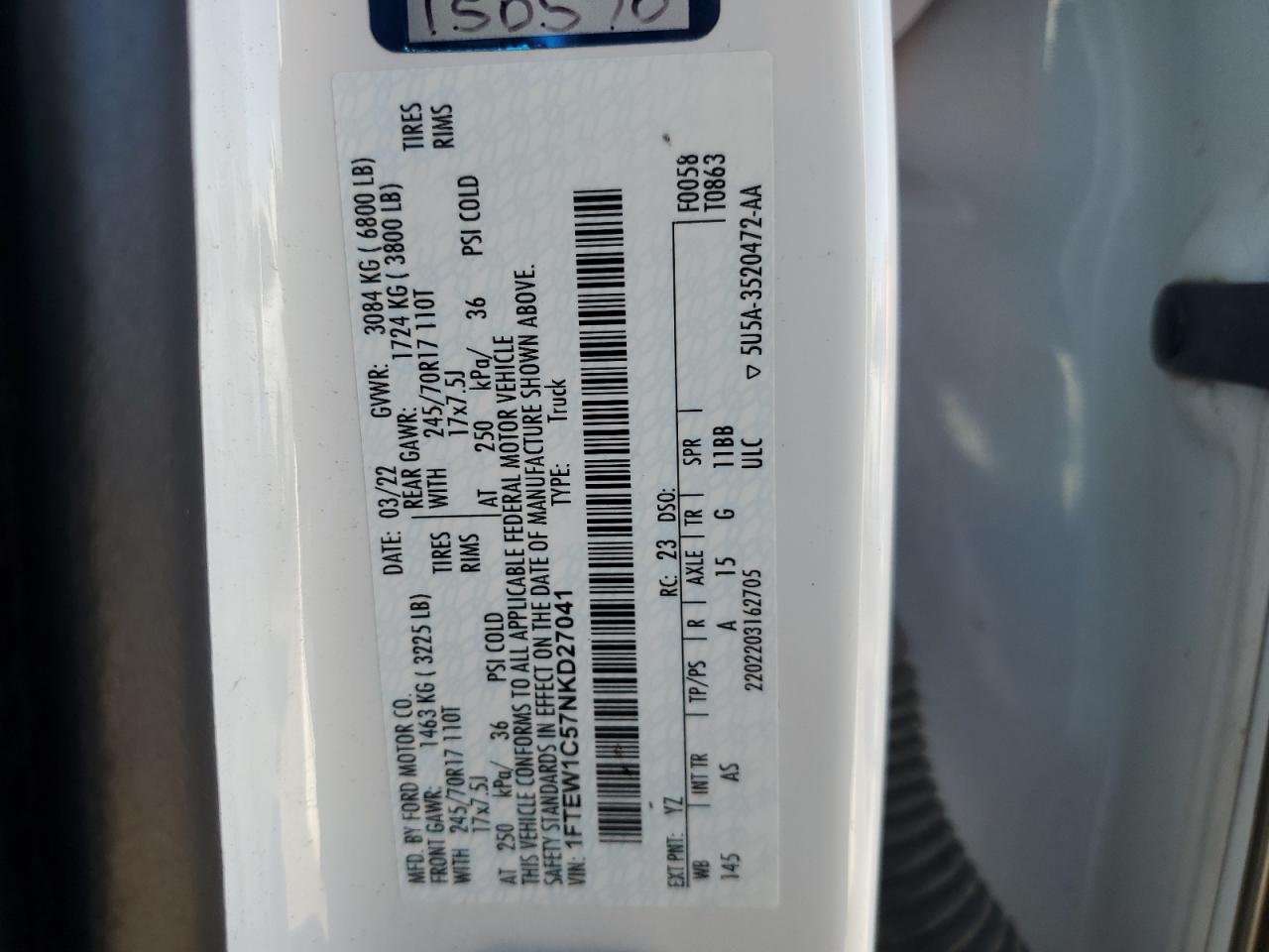 2022 FORD F150 SUPERCREW VIN:1FTEW1C57NKD27041