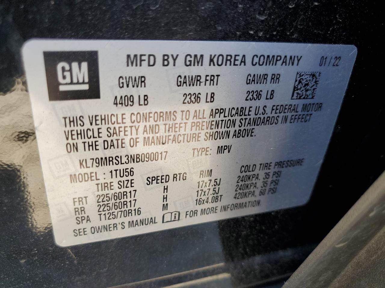 2022 CHEVROLET TRAILBLAZER LT VIN:KL79MRSL3NB090017