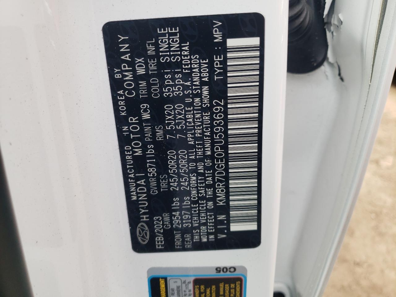 2023 HYUNDAI PALISADE CALLIGRAPHY VIN:KM8R7DGE0PU593692
