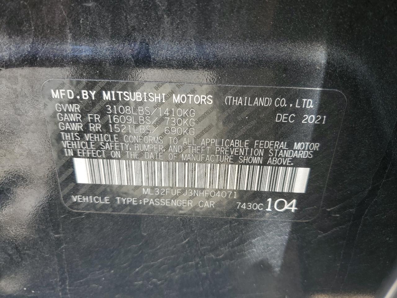 2022 MITSUBISHI MIRAGE G4 ES VIN:ML32FUFJ3NHF04071