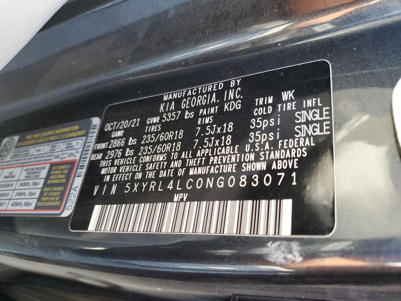 2022 KIA SORENTO S VIN:WP0AA2A8XNS255297