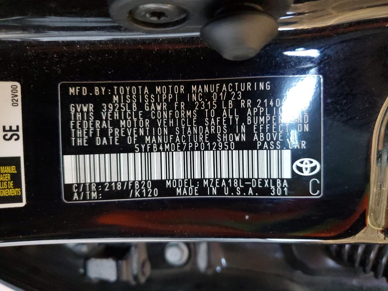 2023 TOYOTA COROLLA LE VIN:5YFB4MDE7PP012950