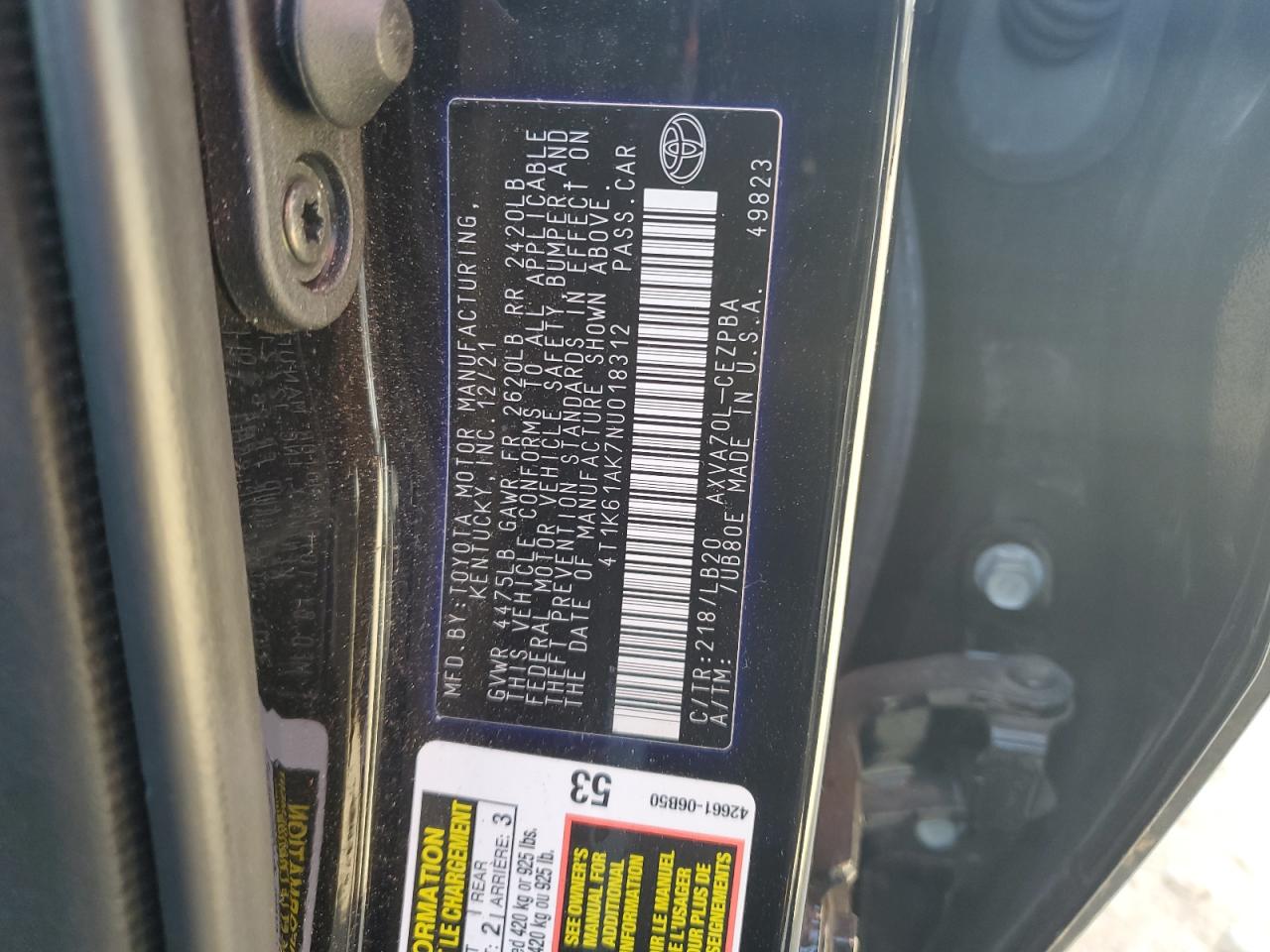 2022 TOYOTA CAMRY XSE VIN:4T1K61AK7NU018312