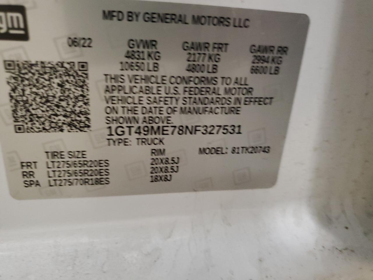 2022 GMC SIERRA K2500 SLE VIN:1GT49ME78NF327531