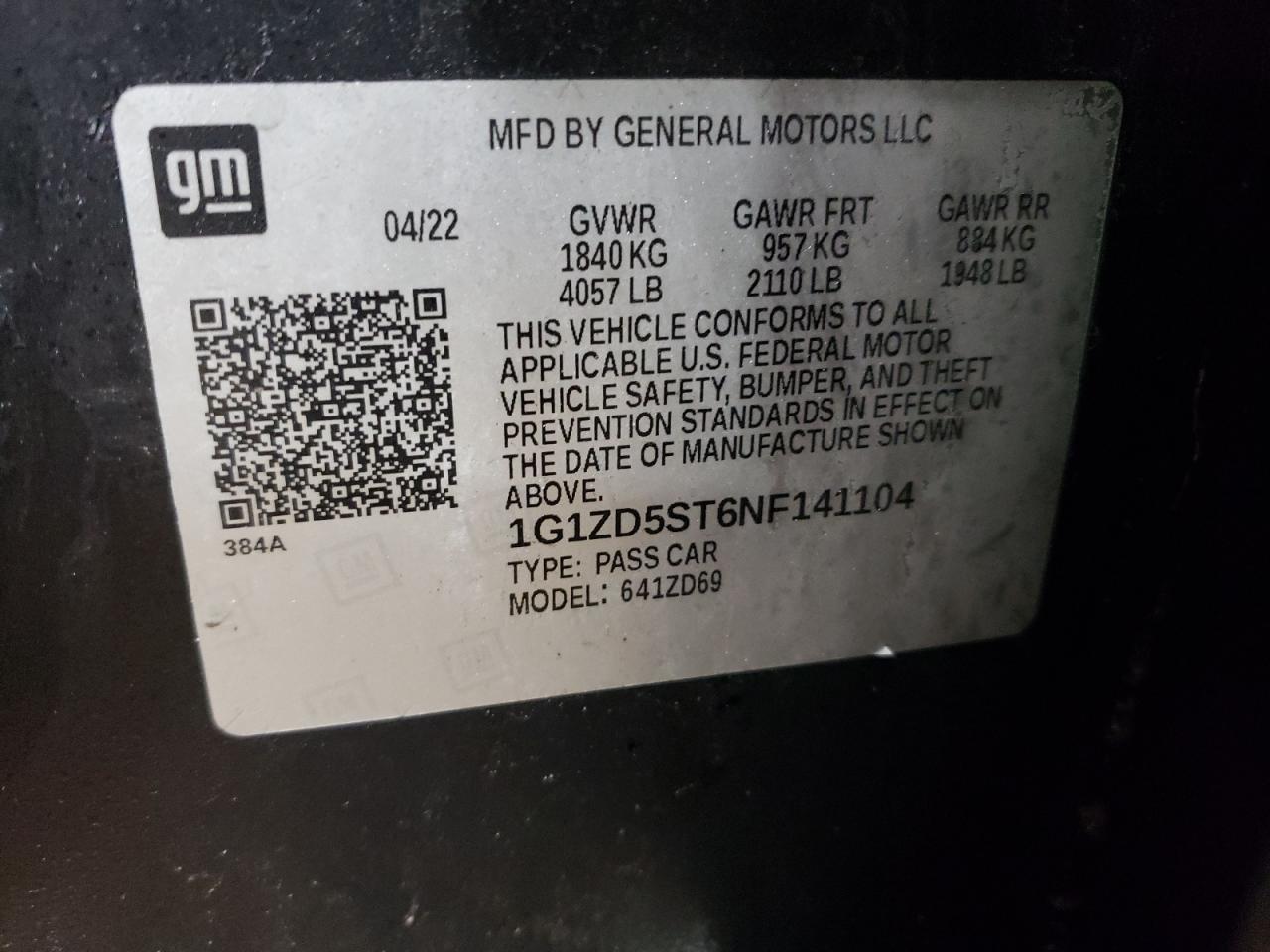 2022 CHEVROLET MALIBU LT VIN:1G1ZD5ST6NF141104