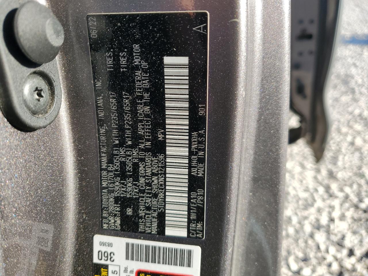 2022 TOYOTA SIENNA XLE VIN:5TDYRKECXNS121596