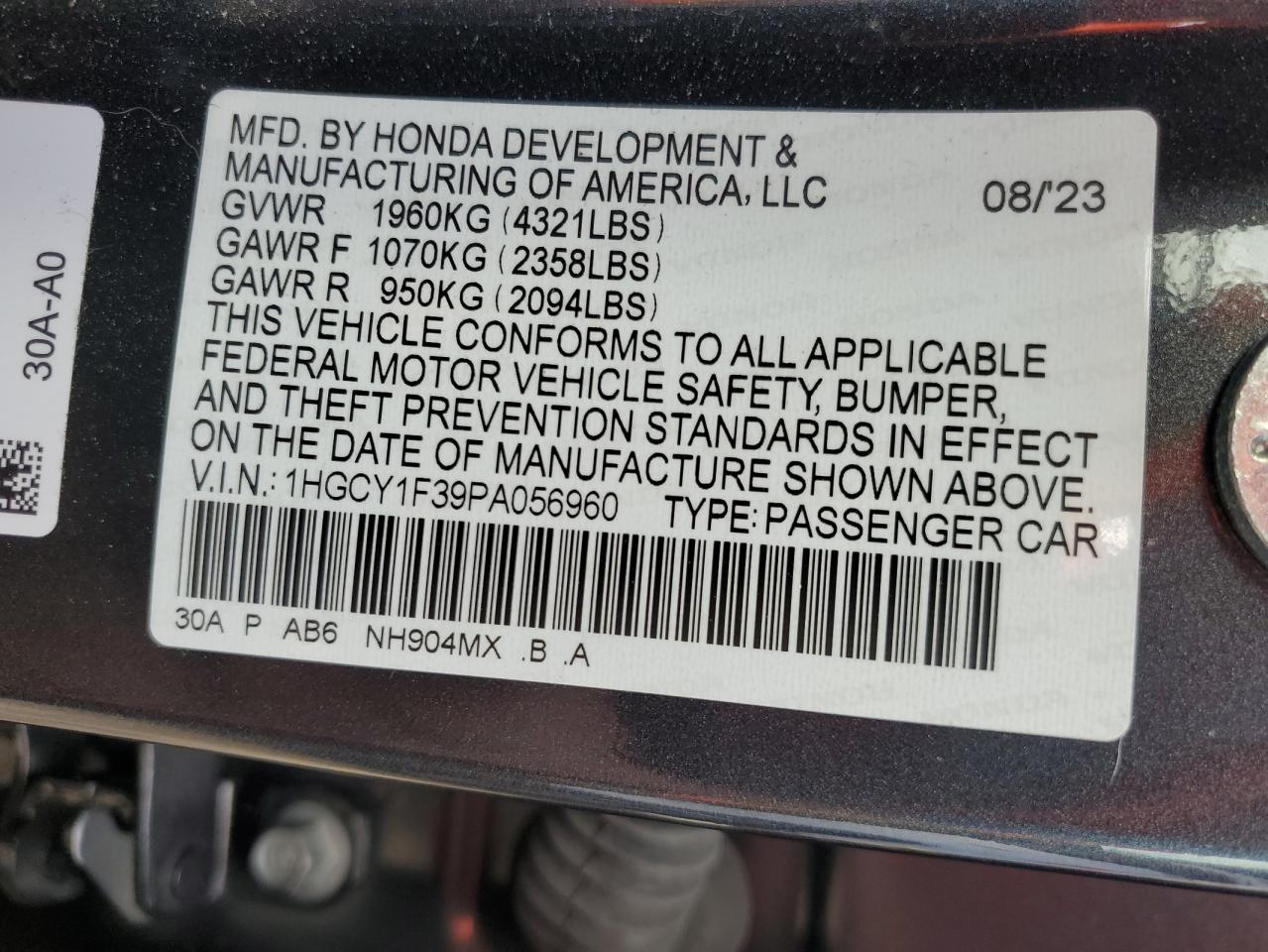 2023 HONDA ACCORD EX VIN:1HGCY1F39PA056960