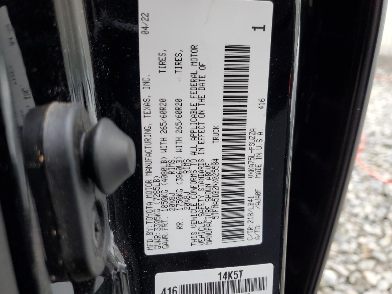 2022 TOYOTA TUNDRA CREWMAX PLATINUM VIN:5TFMA5DB2NX025584