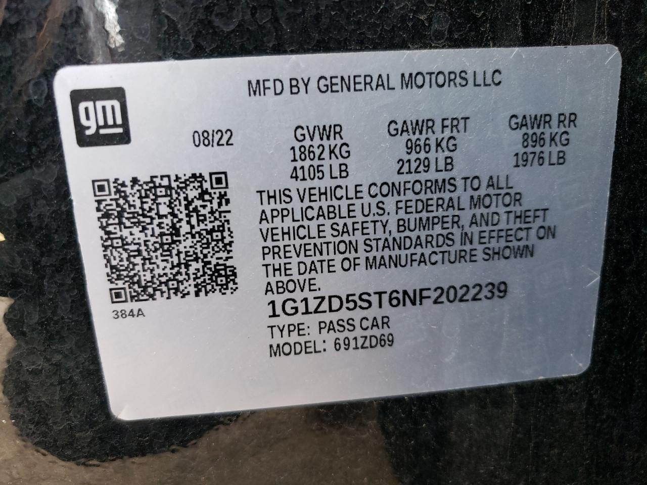 2022 CHEVROLET MALIBU LT VIN:1G1ZD5ST6NF202239