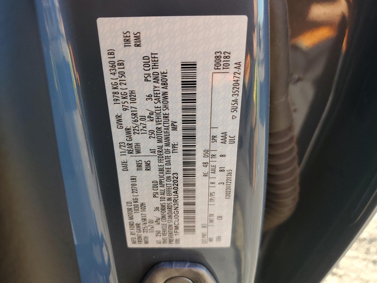 2024 FORD ESCAPE ACTIVE VIN:1FMCU0GN3RUA02023