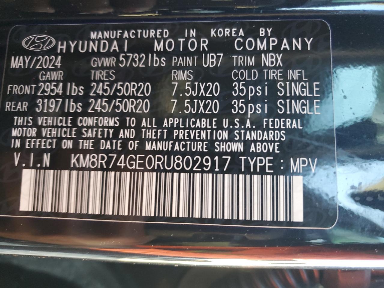 2024 HYUNDAI PALISADE CALLIGRAPHY VIN:KM8R74GE0RU802917