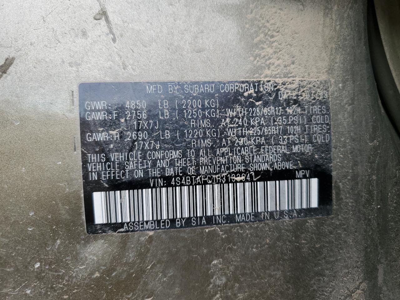 2024 SUBARU OUTBACK PREMIUM VIN:4S4BTAFC1R3133641