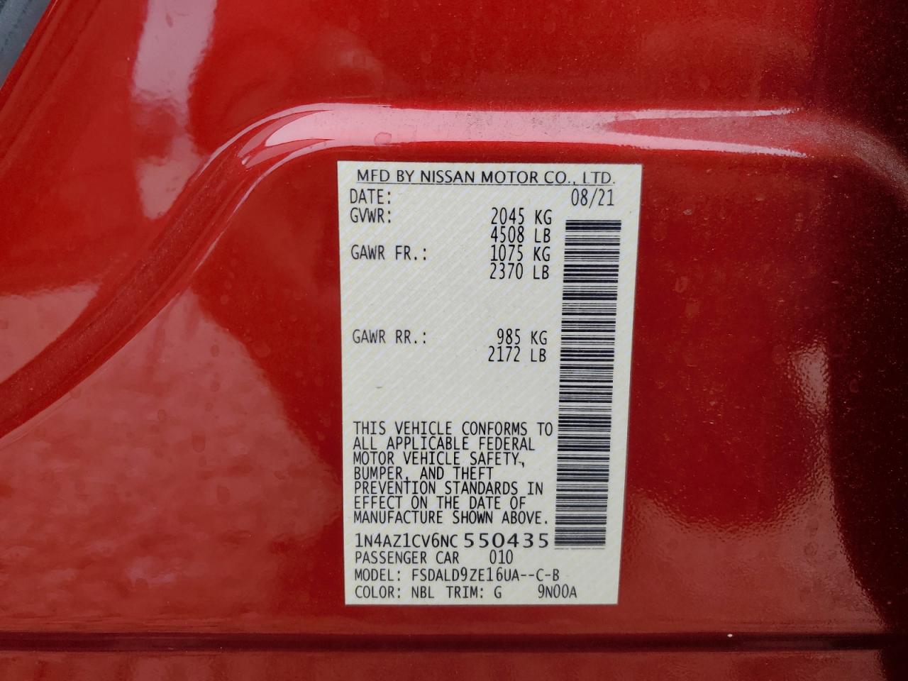2022 NISSAN LEAF SV VIN:1N4AZ1CV6NC550435