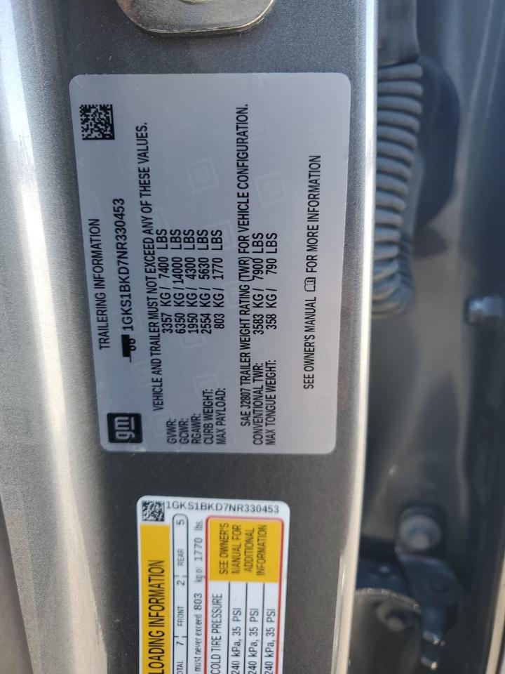 2022 GMC YUKON SLT VIN:1GKS1BKD7NR330453