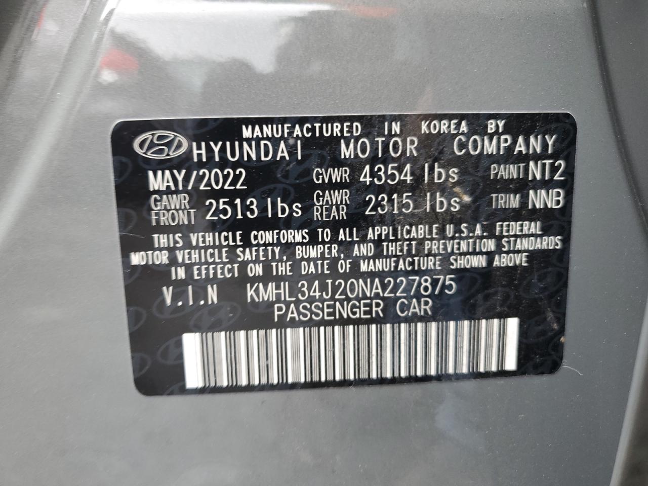 2022 HYUNDAI SONATA LIMITED VIN:KMHL34J20NA227875