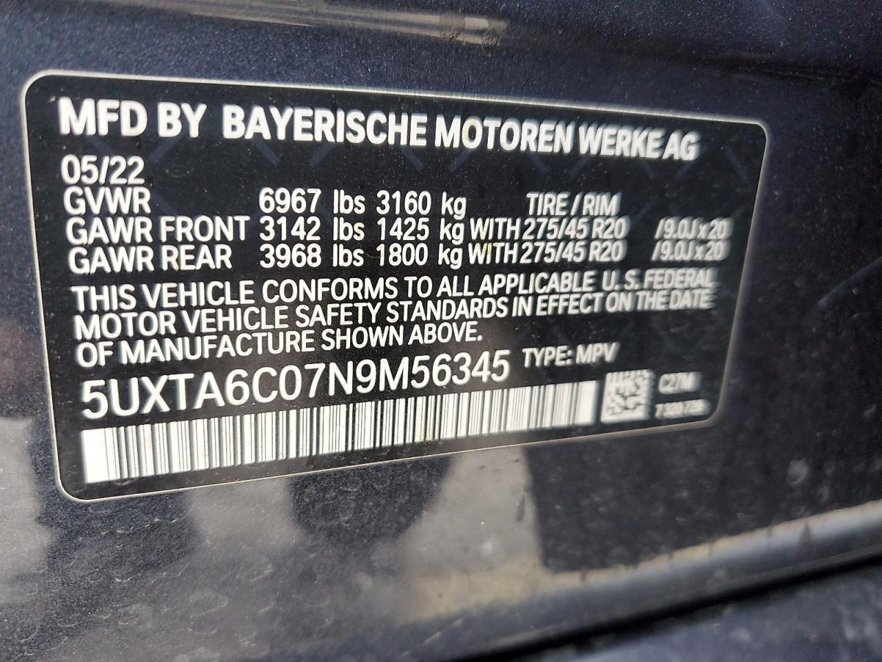 2022 BMW X5 XDRIVE45E VIN:5UXTA6C07N9M56345