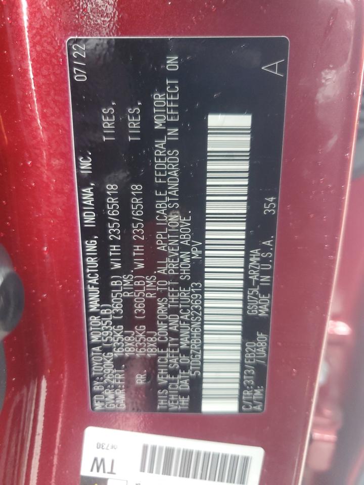 2022 TOYOTA HIGHLANDER XLE VIN:5TDGZRBH6NS236913