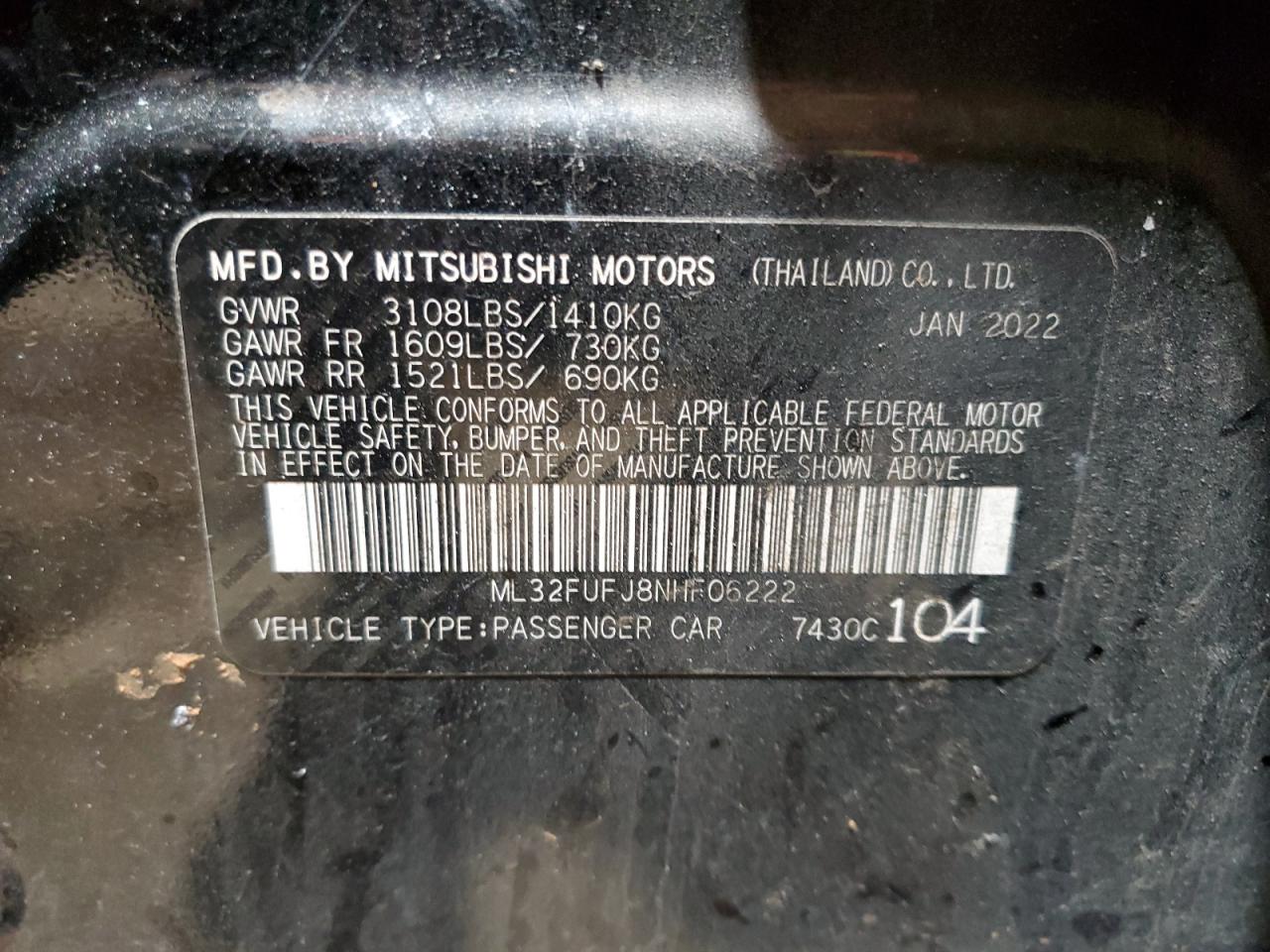 2022 MITSUBISHI MIRAGE G4 ES VIN:ML32FUFJ8NHF06222