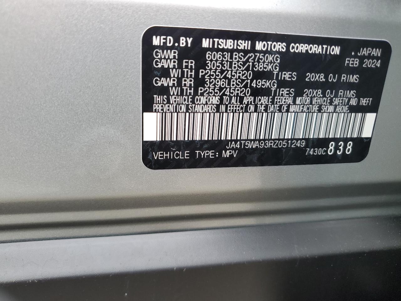 2024 MITSUBISHI OUTLANDER SEL VIN:JA4T5WA93RZ051249