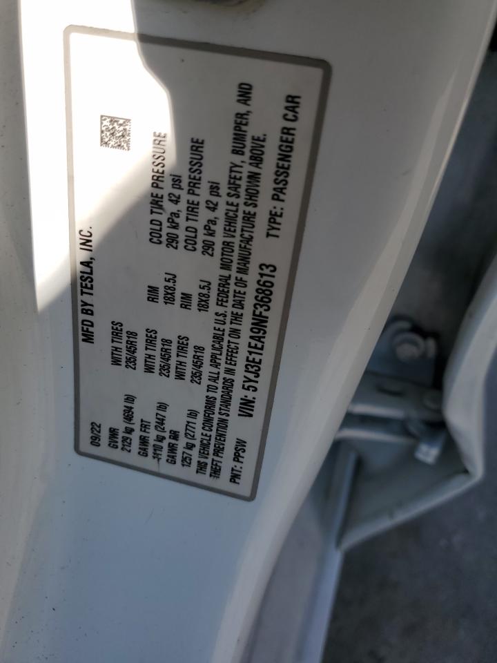 2022 TESLA MODEL 3  VIN:5YJ3E1EA9NF368613