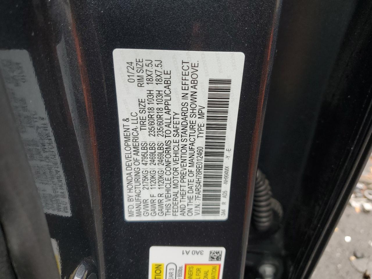 2024 HONDA CR-V EXL VIN:7FARS4H78RE012460