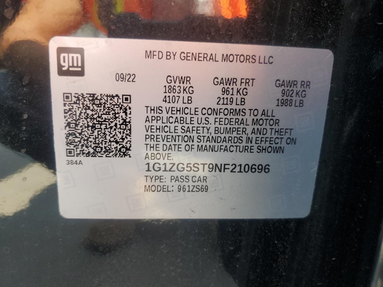 2022 CHEVROLET MALIBU RS VIN:1G1ZG5ST9NF210696