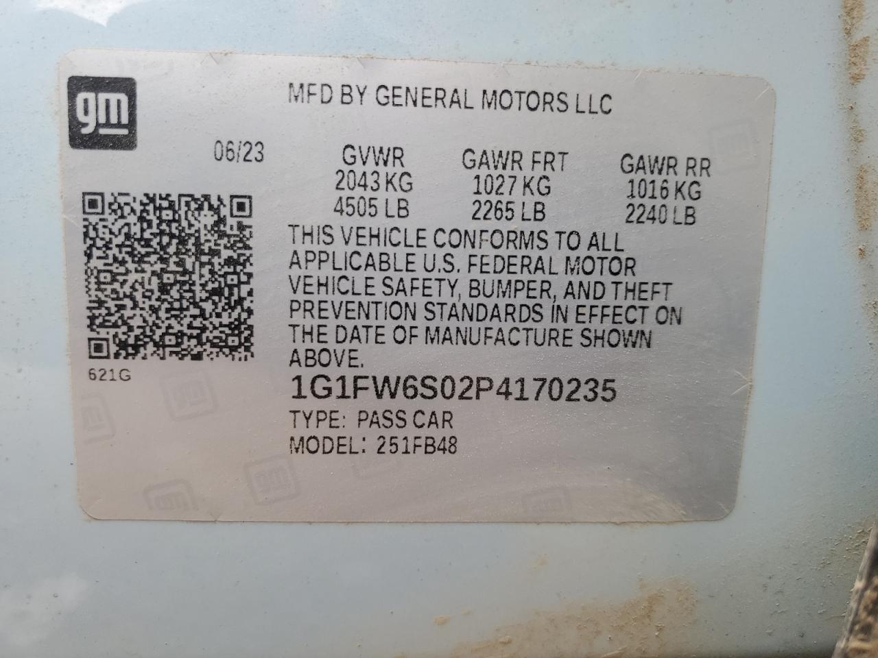 2023 CHEVROLET BOLT EV 1LT VIN:1G1FW6S02P4170235