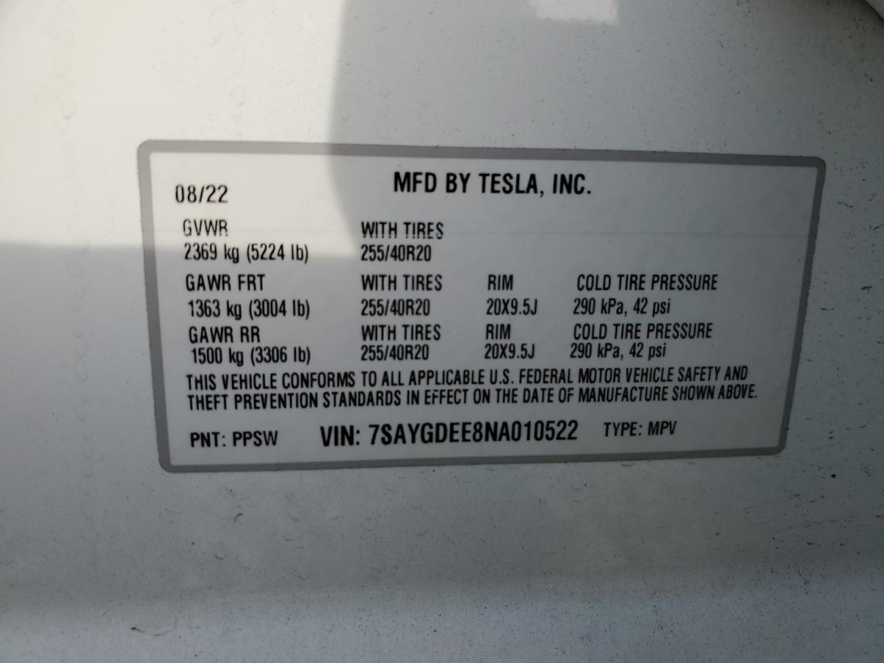 2022 TESLA MODEL Y  VIN:7SAYGDEE8NA010522