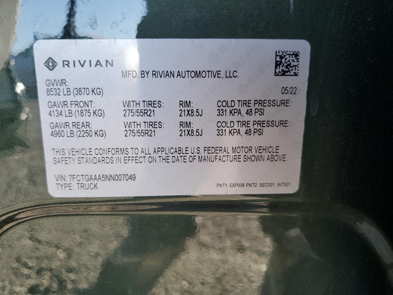 2022 RIVIAN R1T ADVENTURE VIN:7FCTGAAA5NN007049