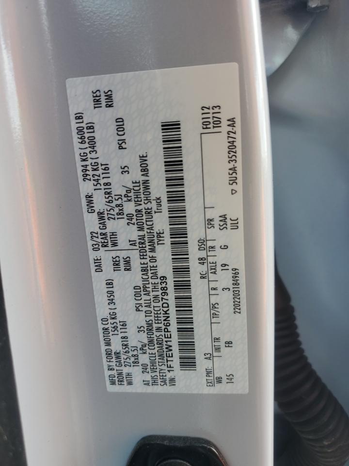 2022 FORD F150 SUPERCREW VIN:1FTEW1EP6NKD79839