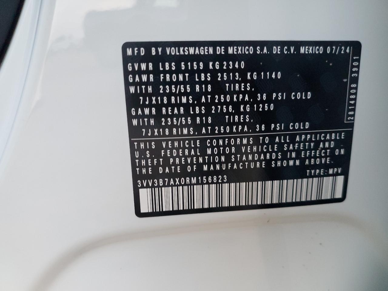 2024 VOLKSWAGEN TIGUAN SE VIN:3VV3B7AX0RM156823