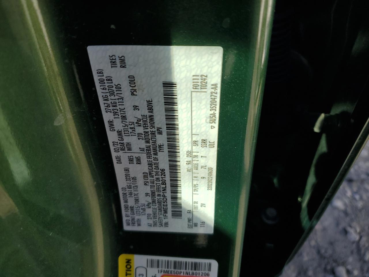 2022 FORD BRONCO BASE VIN:1FMEE5DP1NLB01206
