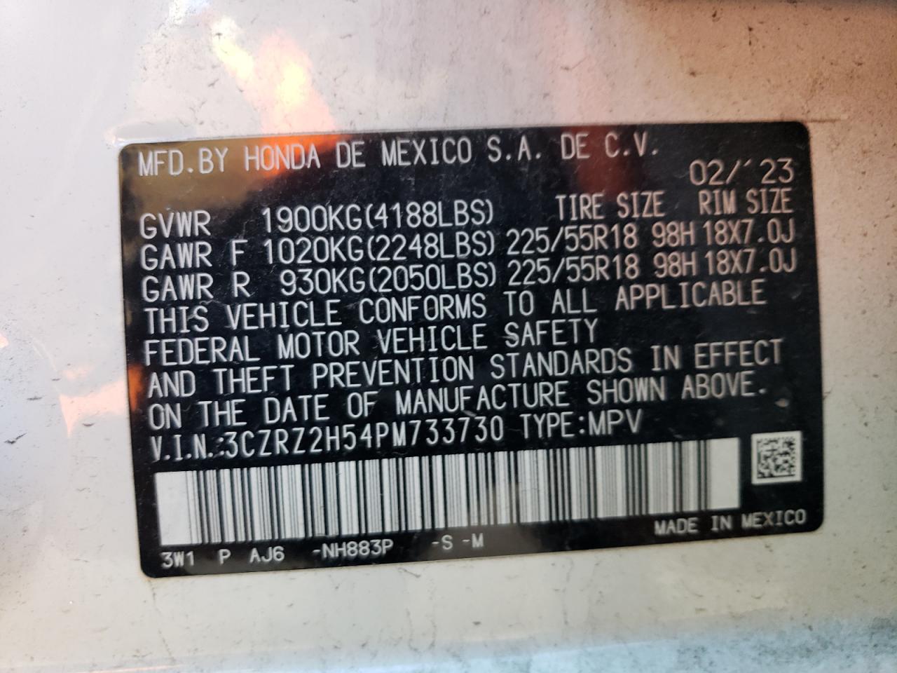 2023 HONDA HR-V SPORT VIN:3CZRZ2H54PM733730