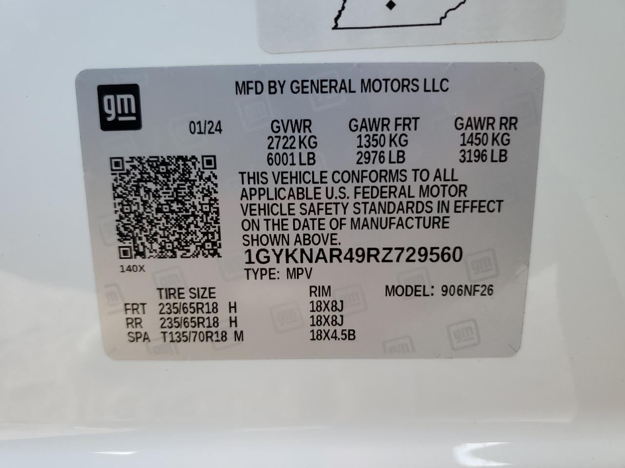 2024 CADILLAC XT5 LUXURY VIN:1GYKNAR49RZ729560