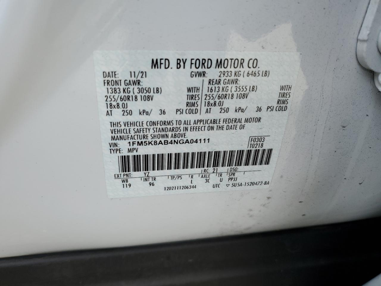 2022 FORD EXPLORER POLICE INTERCEPTOR VIN:1FM5K8AB4NGA04111