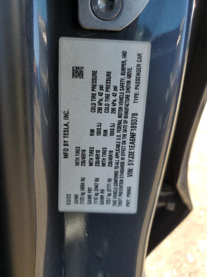 2022 TESLA MODEL 3  VIN:5YJ3E1EA6NF189378