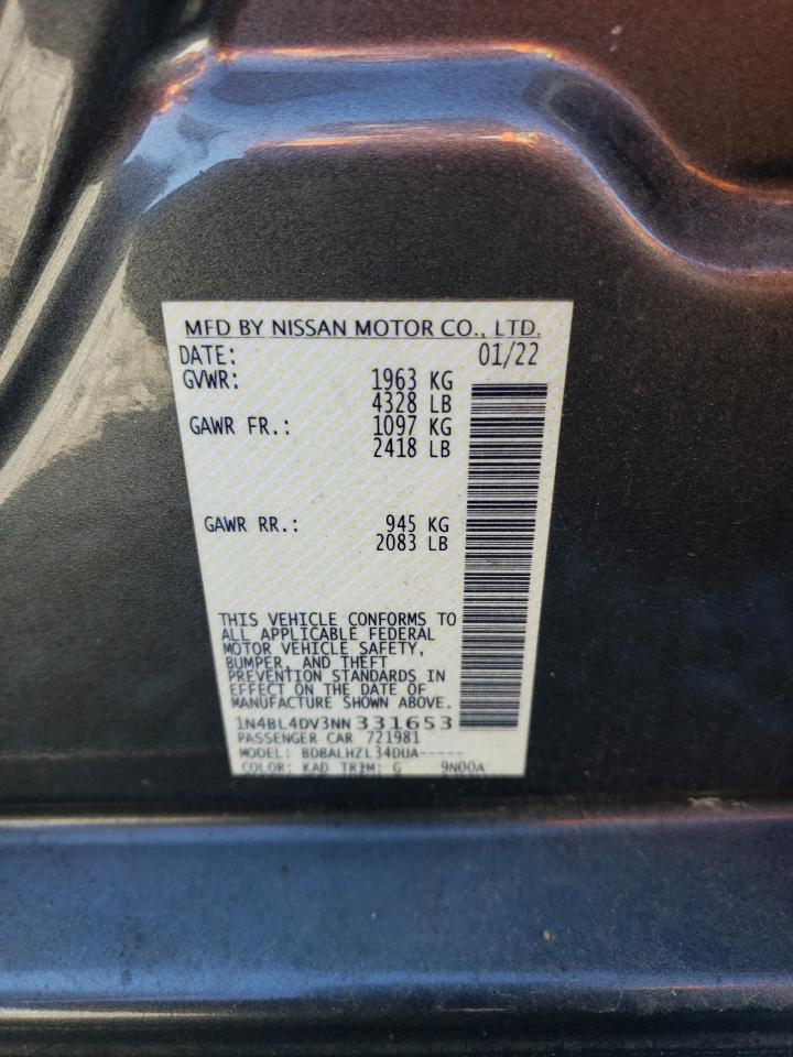 2022 NISSAN ALTIMA SV VIN:1N4BL4DV3NN331653