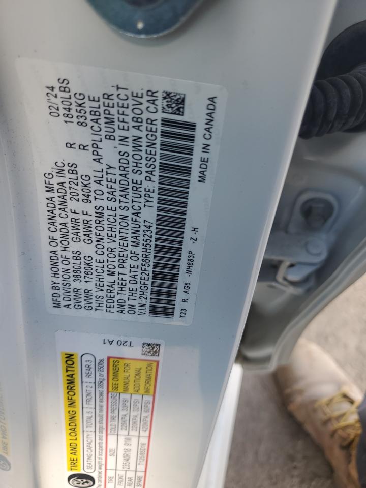 2024 HONDA CIVIC SPORT VIN:2HGFE2F56RH552347