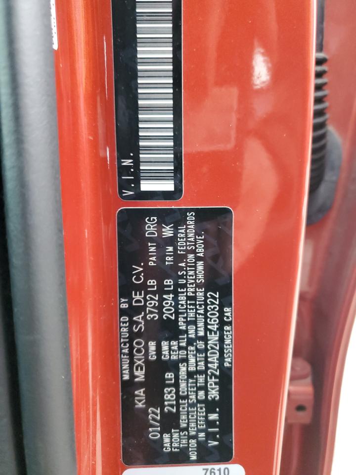 2022 KIA FORTE FE VIN:3KPF24AD2NE460322