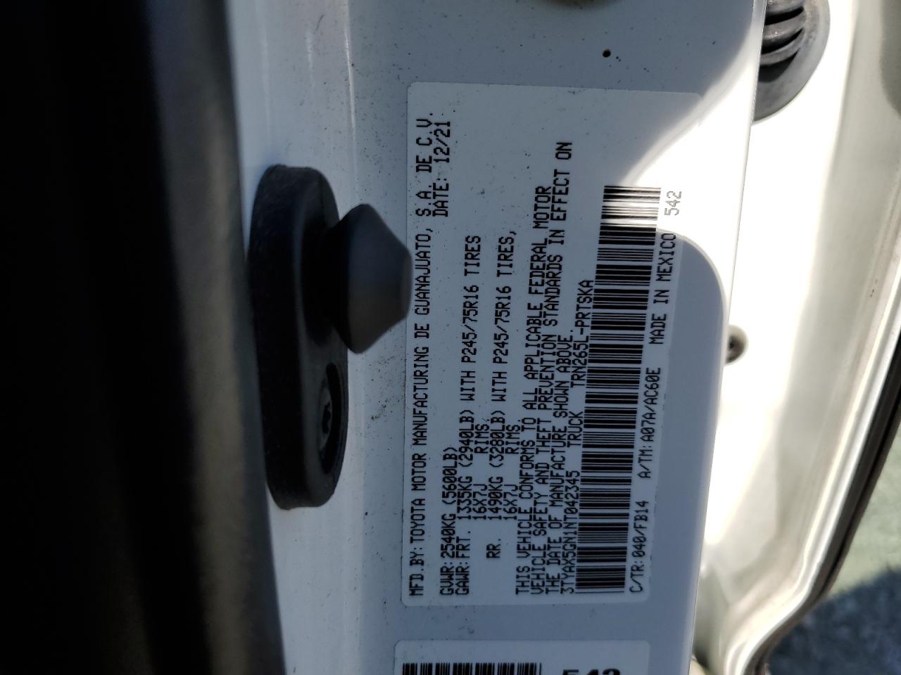 2022 TOYOTA TACOMA DOUBLE CAB VIN:3TYAX5GN1NT042345