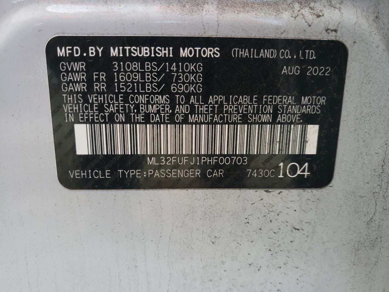 2023 MITSUBISHI MIRAGE G4 ES VIN:3VWDX7AJ1CM423102