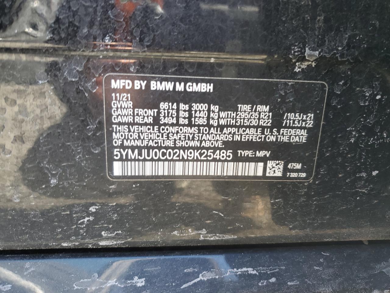 2022 BMW X5 M VIN:5YMJU0C02N9K25485