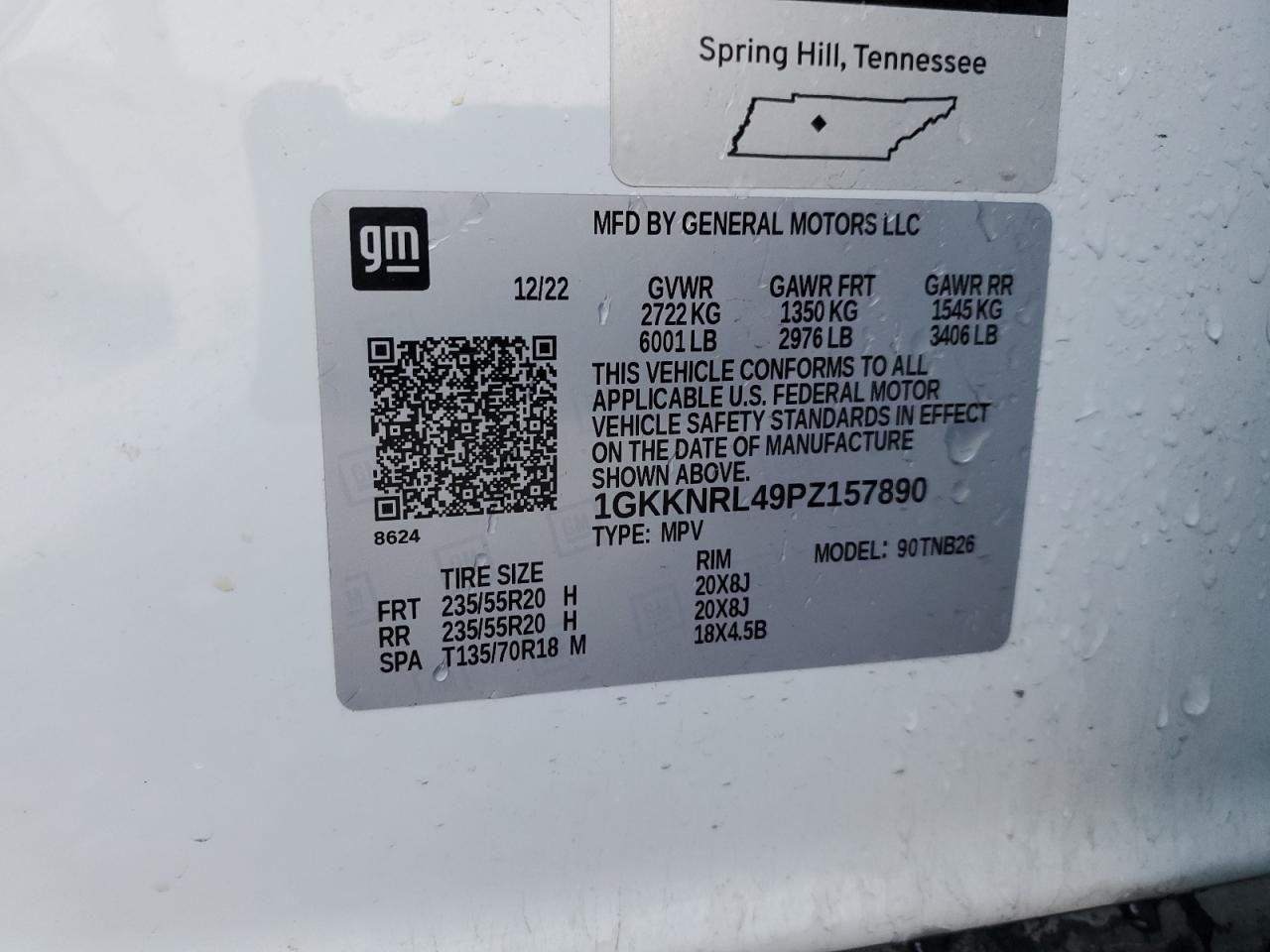 2023 GMC ACADIA SLE VIN:1GKKNRL49PZ157890