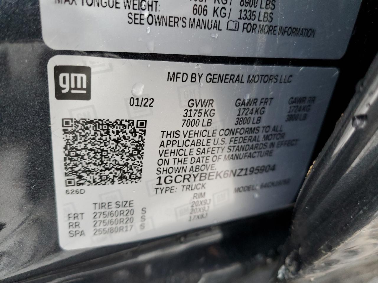 2022 CHEVROLET SILVERADO LTD K1500 CUSTOM VIN:1GCRYBEK6NZ195904