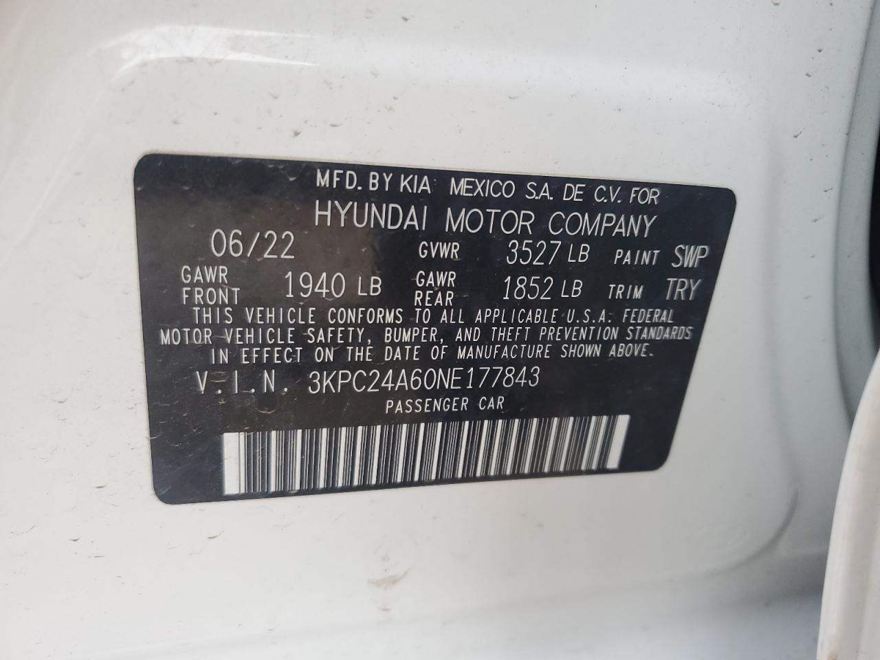 2022 HYUNDAI ACCENT SE VIN:3KPC24A60NE177843