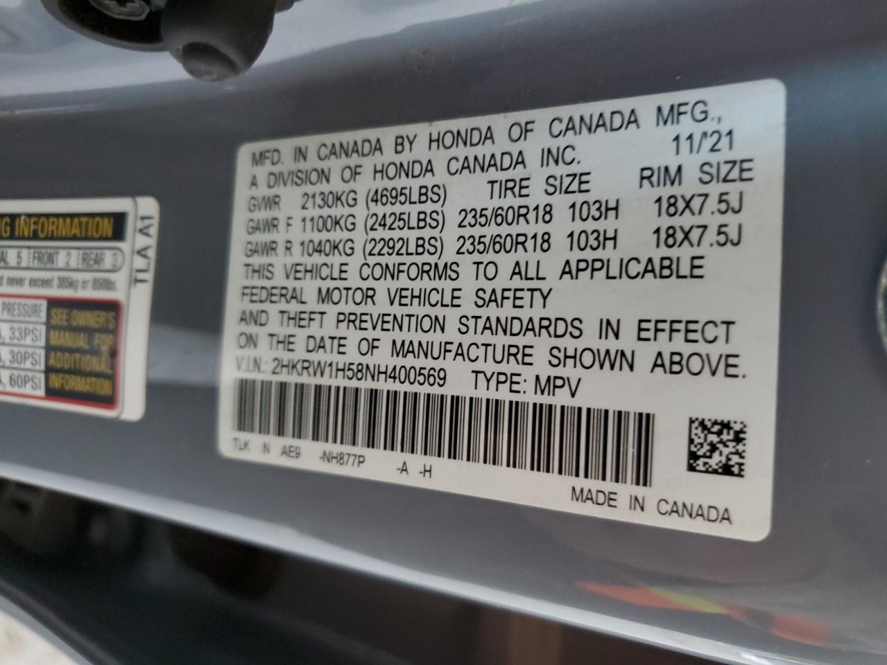 2022 HONDA CR-V EX VIN:2HKRW1H58NH400569