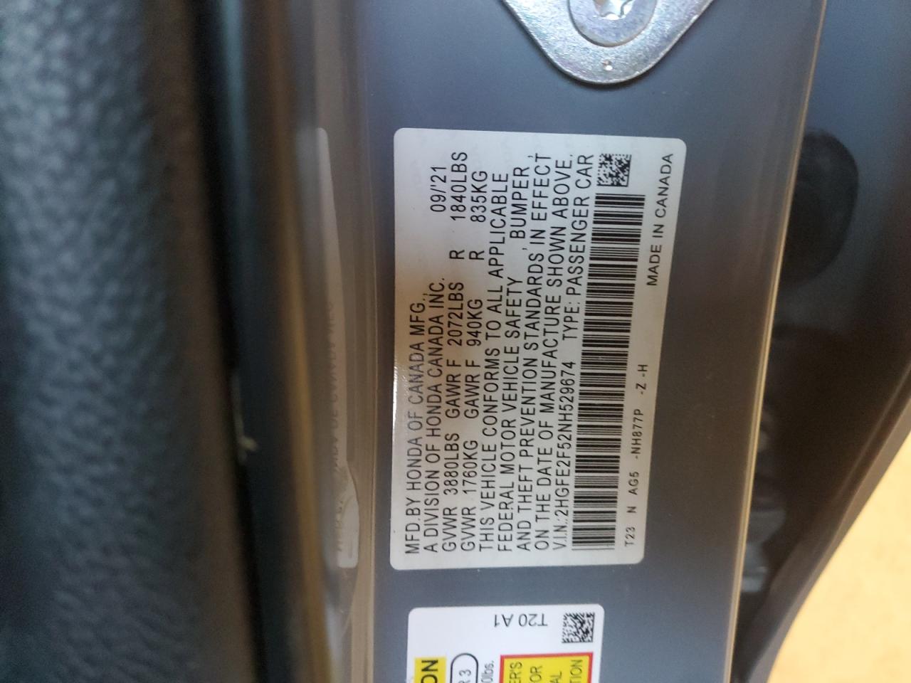 2022 HONDA CIVIC SPORT VIN:2HGFE2F52NH529674