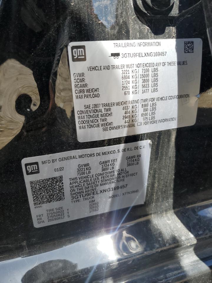 2022 GMC SIERRA LIMITED K1500 DENALI VIN:3GTU9FELXNG169457