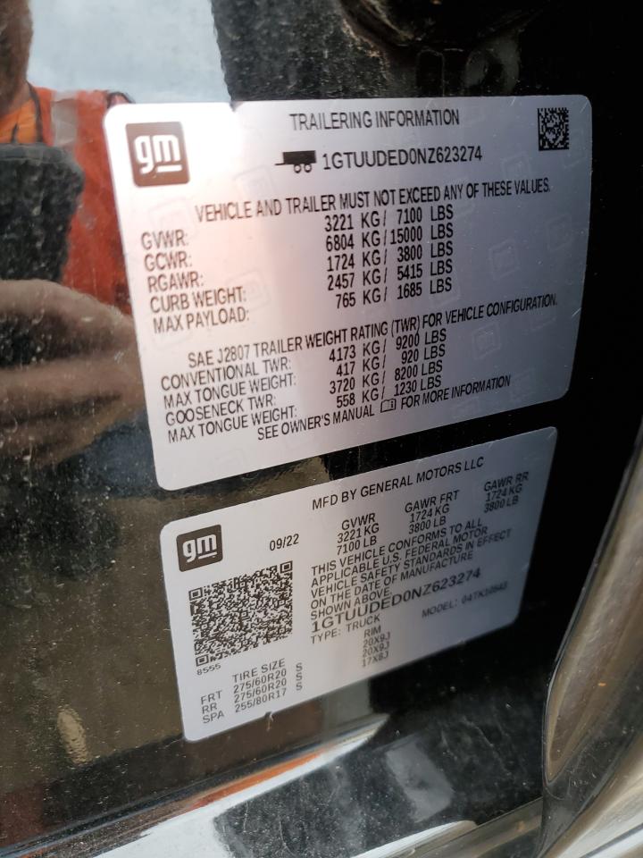 2022 GMC SIERRA K1500 SLT VIN:1GTUUDED0NZ623274