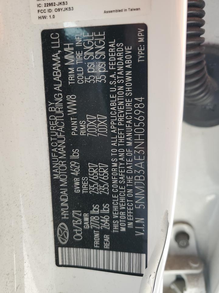 2022 HYUNDAI TUCSON SEL VIN:5NMJB3AE3NH056984